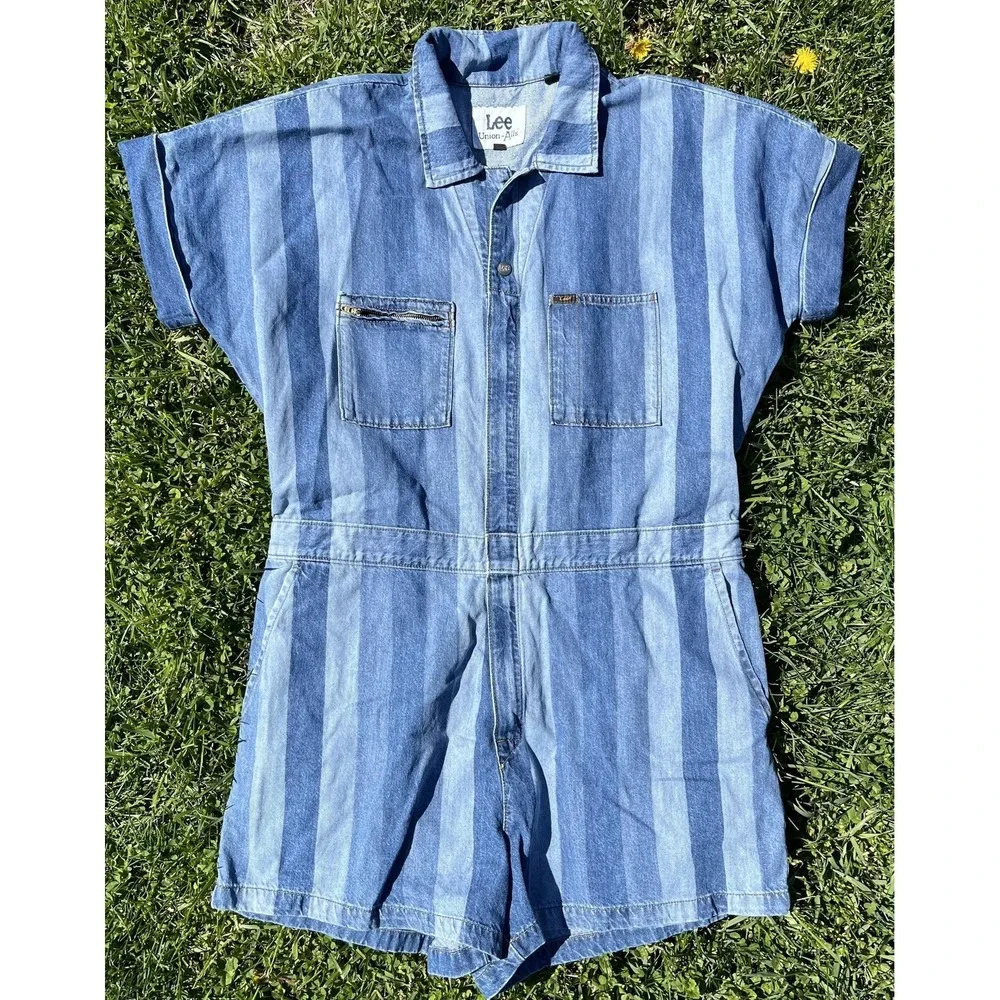 Vintage Lee Union‎ Alls Denim Romper XL Striped Workwear Shortalls 90s
